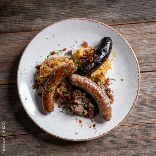 Trio of Sausages and Side Dishes: Blood Sausage, Roasted Sausage, Carniolan Sausage with Boiled Potatoes, Sauerkraut, and Buckwheat Mush on a Plate photo