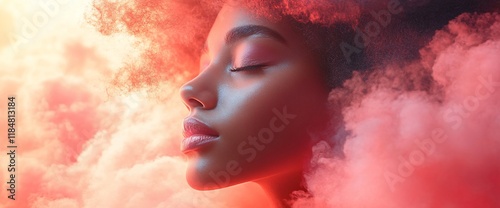 Serene woman with Afro surrounded by red smoke, eyes closed.