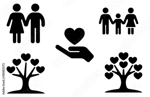 love and care concepts, hand holding heart, tree with heart leaves, stick figure people, parent and child silhouettes, minimalist design, symbolic representation, Black and white icons, family symbols