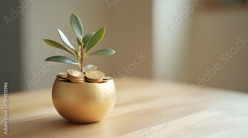 Wallpaper Mural A minimalist arrangement of a small golden pot with coins cascading down its side on a soft wooden surface. Torontodigital.ca