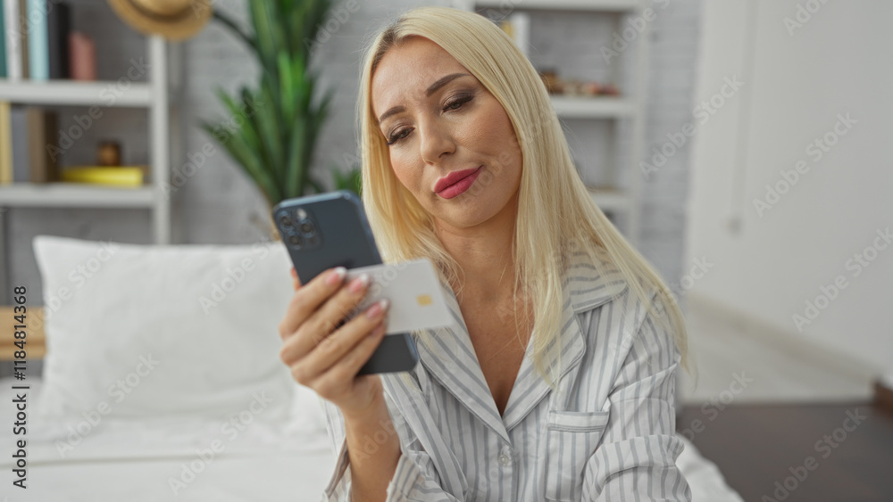 Woman relaxing indoors using smartphone in bedroom with bed and calm expression, showcasing an adult blonde caucasian in a home environment while seated comfortably. Woman relaxing indoors using smartphone in bedroom with bed and calm expression, showcasing an adult blonde caucasian in a home environment while seated comfortably.