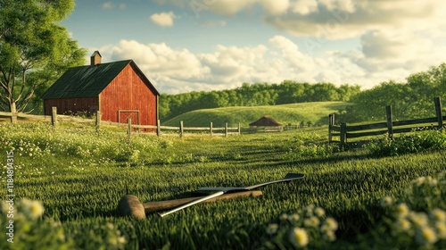 A picturesque farm scene with tools resting on a grassy field, capturing the essence of rural life photo