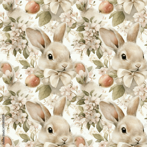 Charming watercolor pattern depicting cute bunnies surrounded by blooming flowers, in soft pastel shades that evoke a sense of spring. photo