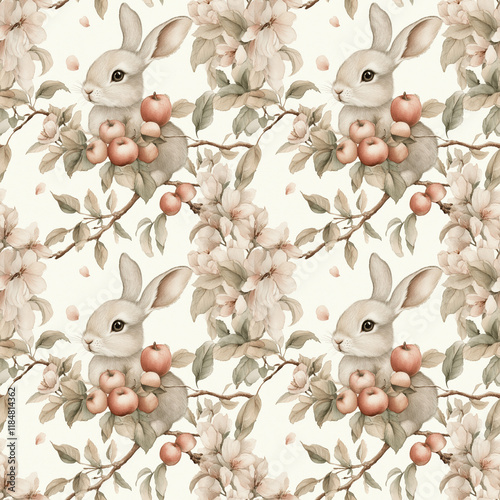 Beautiful watercolor pattern featuring cute rabbits with soft pink elements and flowers, perfect for whimsical and playful creations. photo