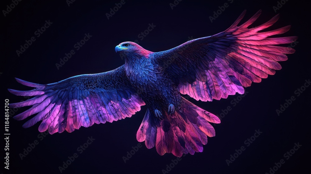 Obraz premium A vibrant, digitally enhanced, colorful eagle in flight against a black background, with wings outstretched and plumage highlighted in shades of pink and purple.