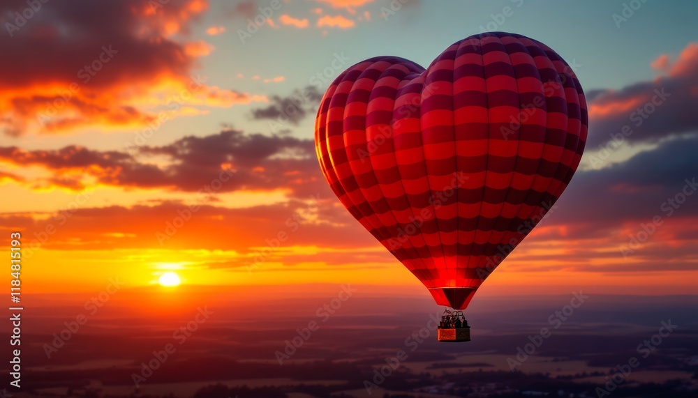 Fototapeta premium Heart-shaped hot air balloon soaring through a vibrant sunset. A breathtaking romantic scene. Ample copyspace