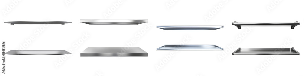 Stainless steel shelves isolated on transparent background, Set of Stainless steel shelves isolated on transparent background, Set of