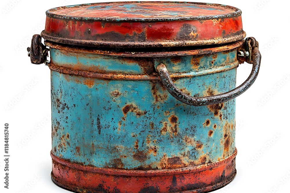 Rusted Metal Container with Vibrant Paint and Handle Rusted Metal Container with Vibrant Paint and Handle