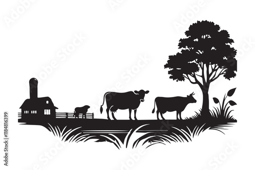 Silhouette of a farm scene with cows and barn