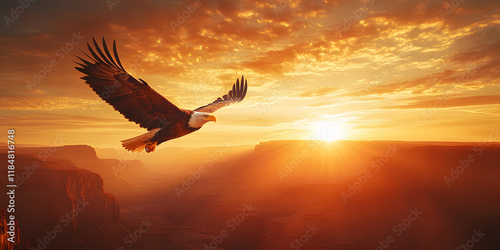 Naklejka premium majestic eagle soars low over canyon, heading toward radiant sunset, with golden light illuminating dramatic landscape and bird powerful wings in flight