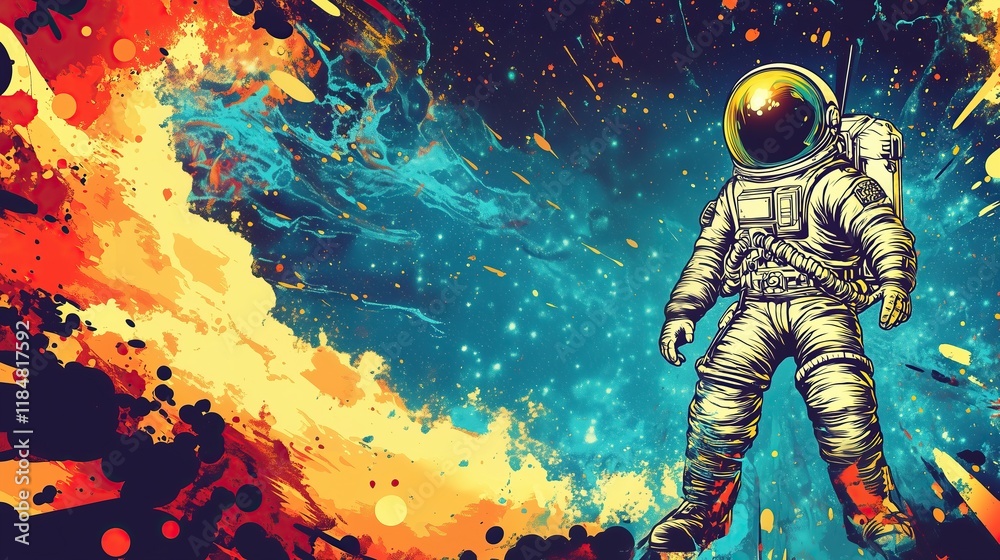 Fototapeta premium vintage comic art style illustration of astronaut floating in colorful outer space