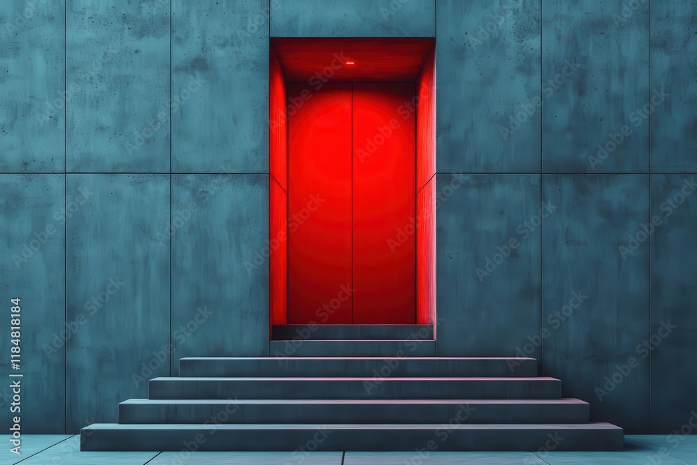 mysterious urban architecture concrete industrial stairway leading to illuminated red doorway creating dramatic atmosphere in modern building mysterious urban architecture concrete industrial stairway leading to illuminated red doorway creating dramatic atmosphere in modern building