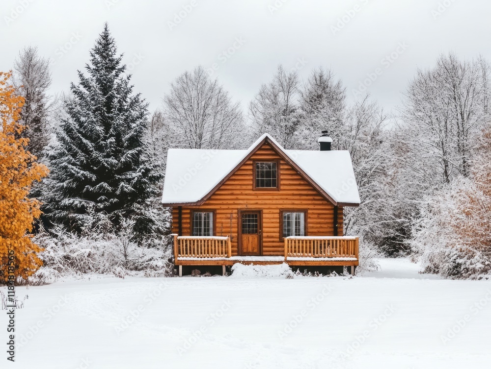 Snowy Winter Log Cabin in a Wooded Area