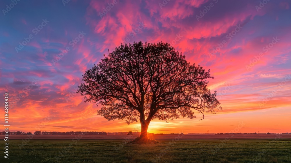 A solitary tree silhouetted against a vibrant sunset sky, showcasing nature's beauty and tranquility. A solitary tree silhouetted against a vibrant sunset sky, showcasing nature's beauty and tranquility.
