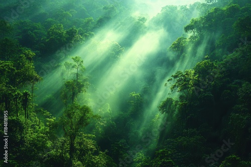 mystical ancient rainforest bathed in ethereal morning mist towering emergent layer trees draped with vines shafts of sunlight piercing canopy photo