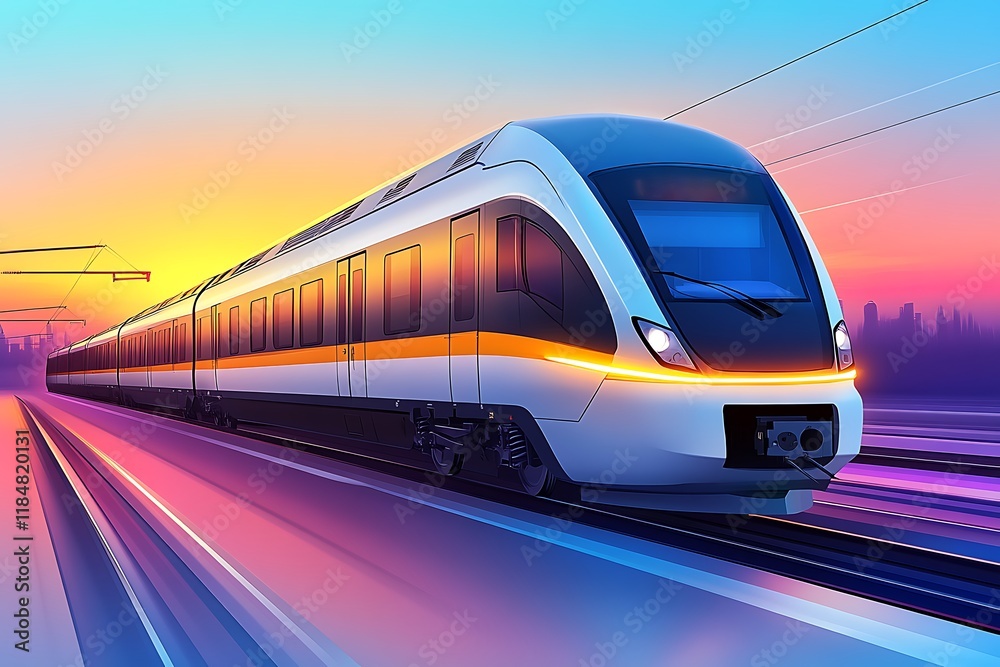Naklejka premium Futuristic High-Speed Train Soaring Across Tracks at Sunrise