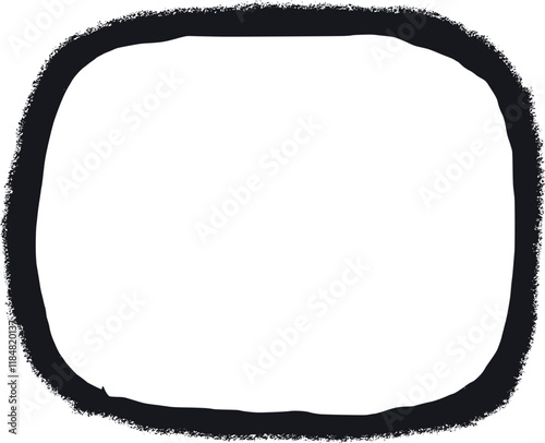 Black square frame with grunge torn edges and soft rounded corners. Vector illustration of rough ripped rectangle frame isolated on light background