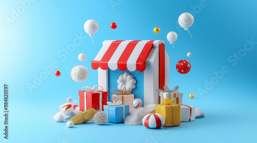Creative stock e-commerce concept featuring a playful shop front with colorful gifts and decorations against a bright blue background
