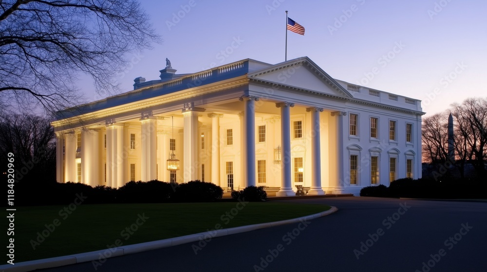 Naklejka premium A White House Lit up at Night With a American Flag on Top - Generative AI