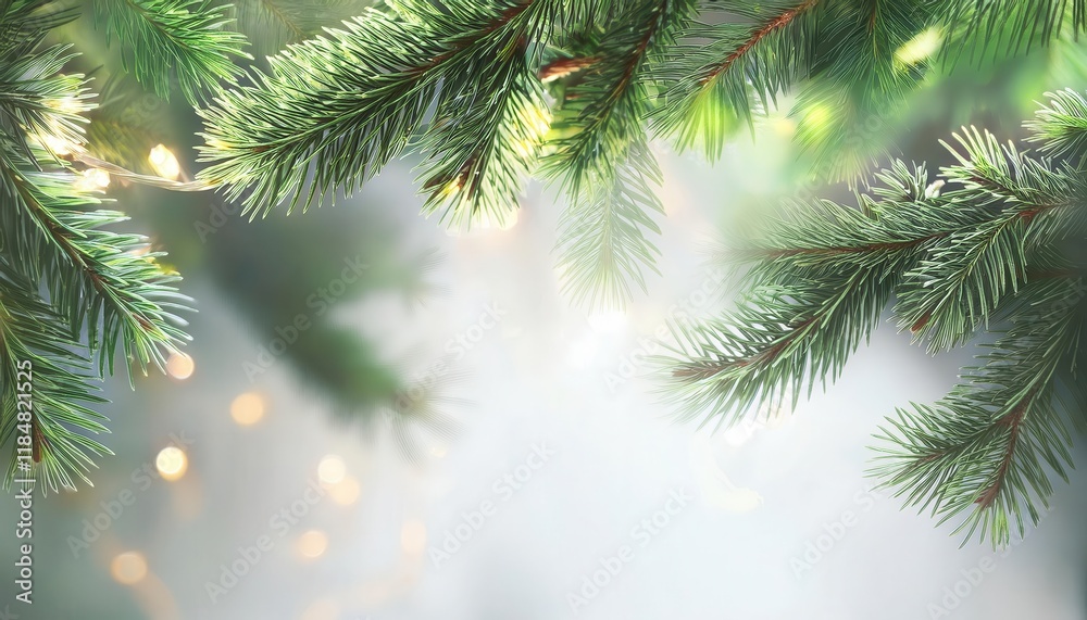Obraz premium close-up of evergreen pine branches with warm white bokeh lights, ideal for christmas, winter holiday background or designs