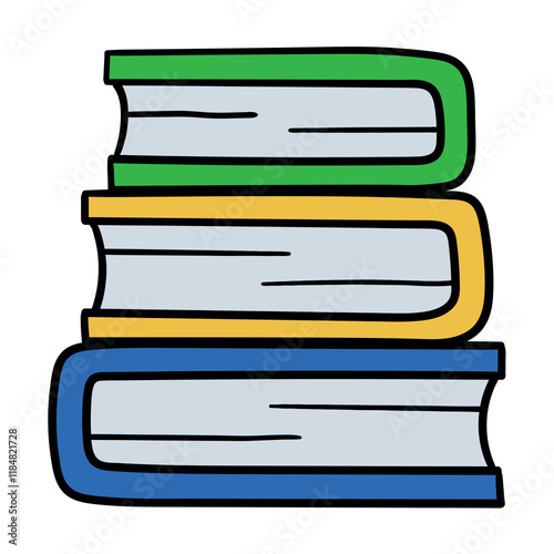Hand drawn cartoon stack of colored books icon on white background.