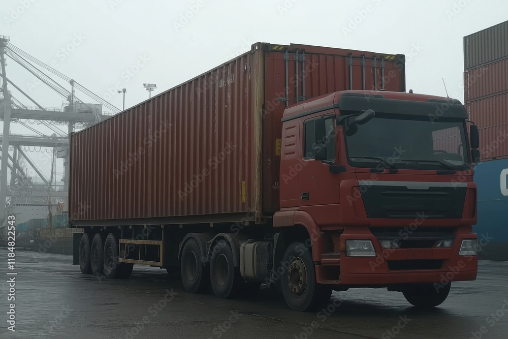 Heavy cargo truck parked at a shipping port during a foggy day with containers Heavy cargo truck parked at a shipping port during a foggy day with containers