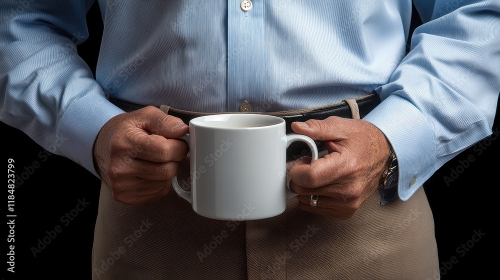 Close-up of a man's hands holding a large white mug, wearing a light blue shirt and beige pants against a black background Close-up of a man's hands holding a large white mug, wearing a light blue shirt and beige pants against a black background