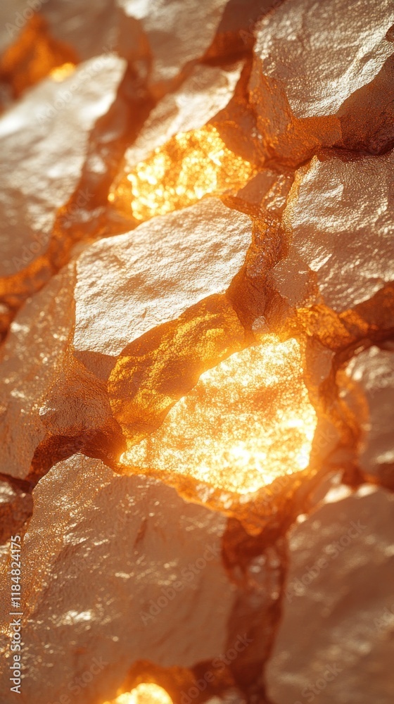 Fototapeta premium Abstract close-up view of a fractured stone wall with glowing interior.