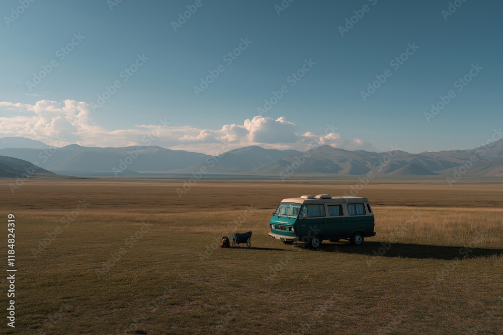 Fototapeta premium Vintage camper van parked in a vast field under a clear sky around golden hour