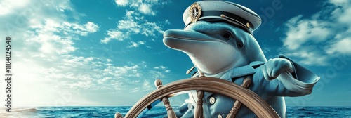 Dolphin in captain attire navigating the ocean with a ships wheel during a sunny day. Generative AI