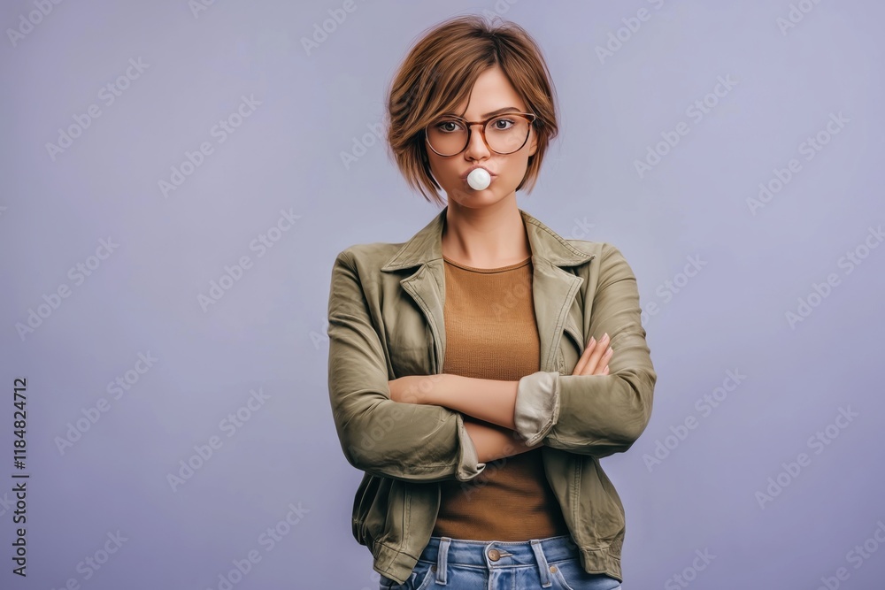 Teen girl in stylish glasses poses confidently while blowing bubble gum in a trendy studio setting Teen girl in stylish glasses poses confidently while blowing bubble gum in a trendy studio setting