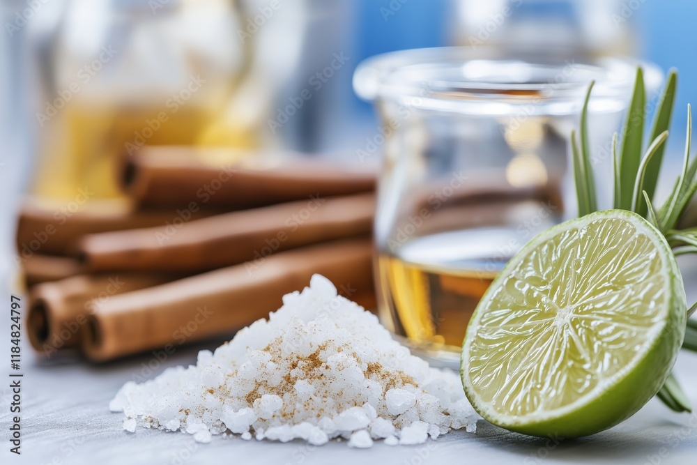 Refreshing tequila served with lime and salt on a stone table, ready for enjoyment