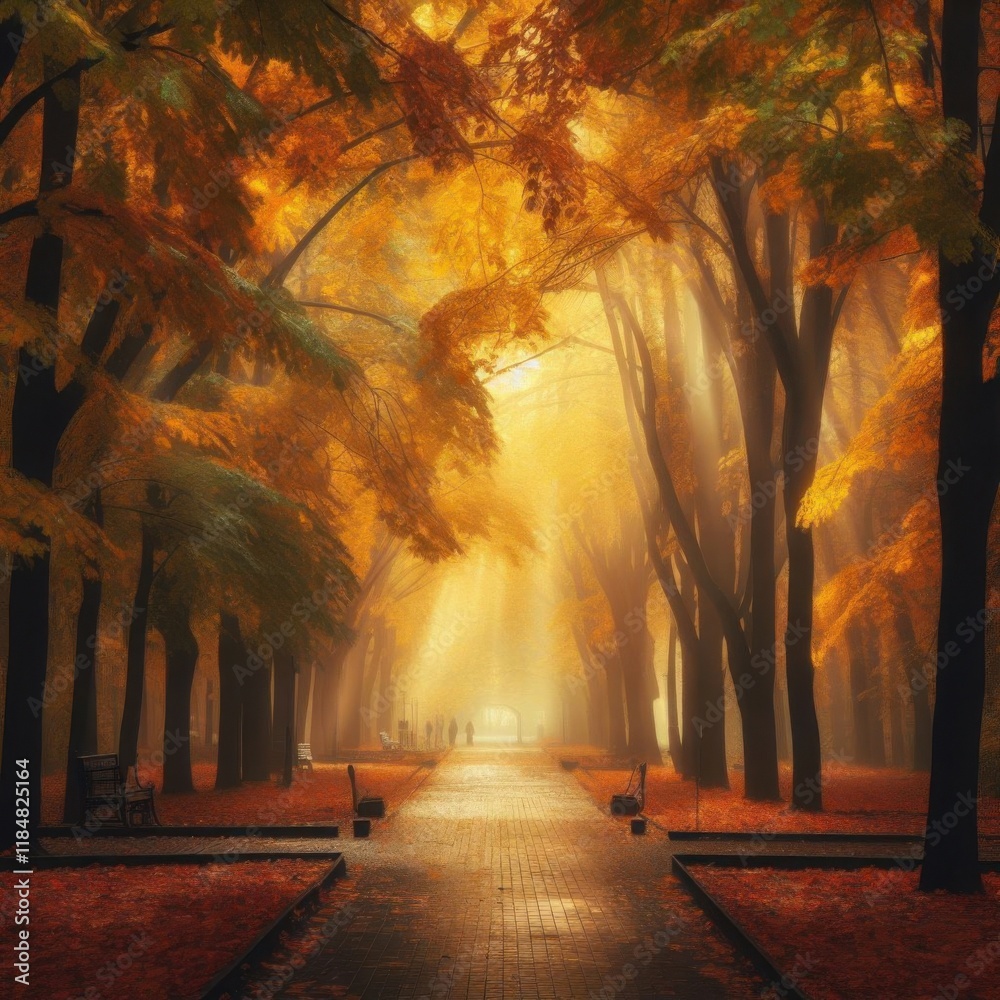 Obraz premium Strolling through a misty autumn park with golden leaves and glowing sunlight filtering between tall trees. Generative AI