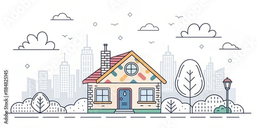 cute house doodle art illustration with city landscape background