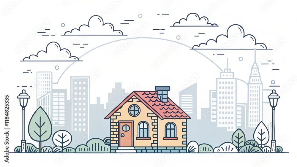 Obraz premium cute house doodle art illustration with city landscape background