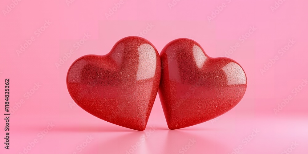 Obraz premium Two Red Glittery Hearts Touching on Pink Background Romantic Love Concept