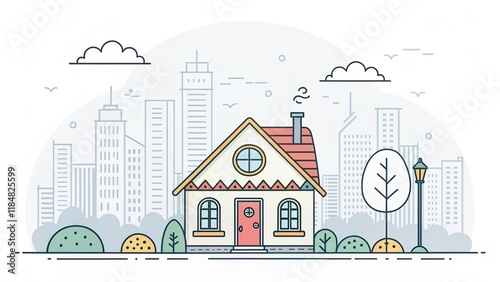 cute house doodle art illustration with city landscape background