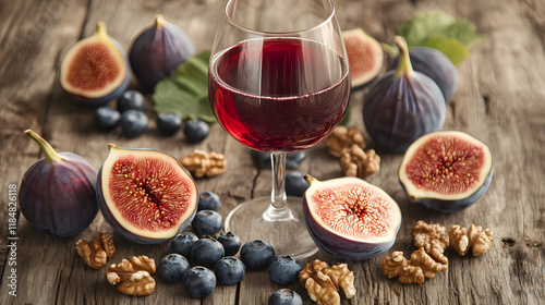 A wine glass filled with a deep red blend surrounded by figs blueberries and walnuts on a rustic wooden table. photo