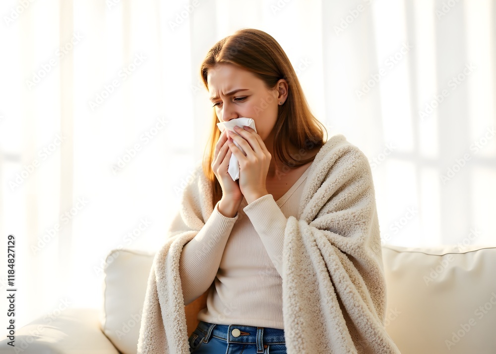 Close-up of a sick woman feeling cold, shivering, and blowing her nose. She has a fever, caught a cold, and is sneezing into a tissue. The ill brunette, wrapped in a blanket, shows symptoms of the flu Close-up of a sick woman feeling cold, shivering, and blowing her nose. She has a fever, caught a cold, and is sneezing into a tissue. The ill brunette, wrapped in a blanket, shows symptoms of the flu