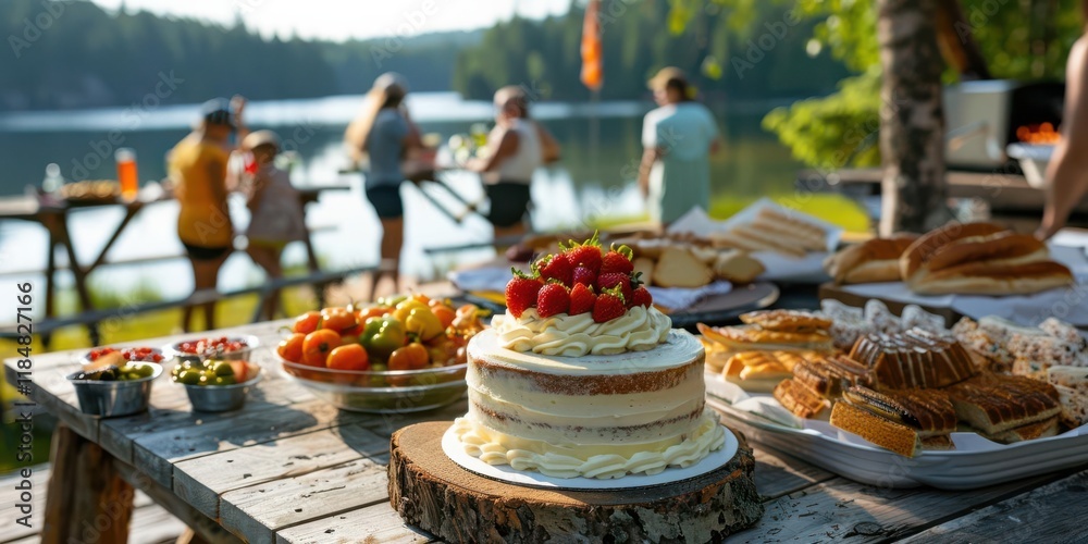 Fototapeta premium A summer gathering featuring a beautifully decorated cake and various dishes by a serene lake.