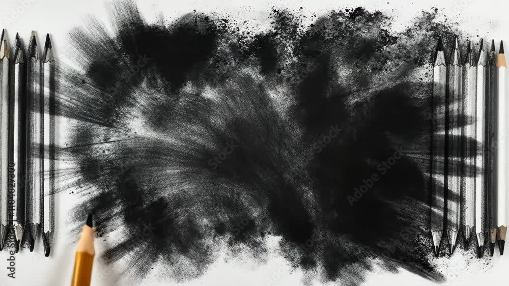 Creative charcoal drawing process featuring blending techniques and tools on textured paper