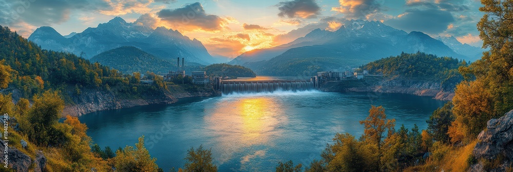 Obraz premium Hydroelectric plant at sunset surrounded by mountains and a calm river