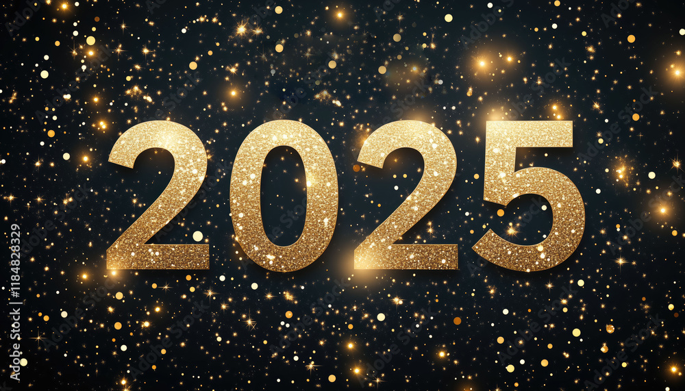 Happy new year the Golden 2025 numbers on glittering with black background Happy new year the Golden 2025 numbers on glittering with black background