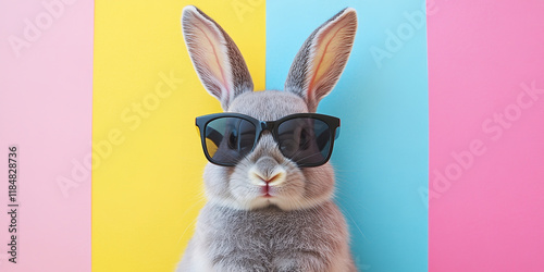 The image shows a cute gray and white bunny rabbit wearing black sunglasses, set against a colorful background with yellow, blue, and pink stripes photo