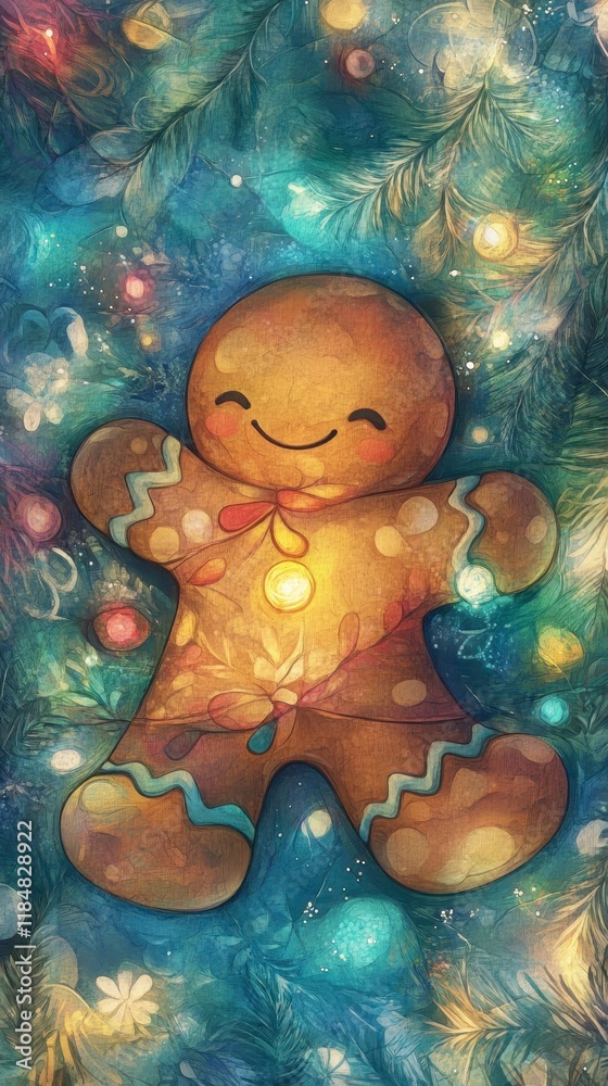 A cheerful gingerbread man surrounded by colorful lights and decorations, creating a festive and warm holiday atmosphere. A cheerful gingerbread man surrounded by colorful lights and decorations, creating a festive and warm holiday atmosphere.