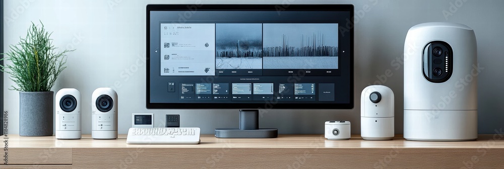 Obraz premium Modular security system featuring sensor elements in a modern workspace setup