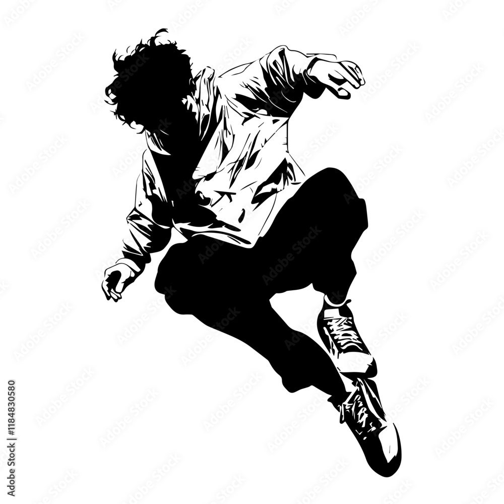 Black and white image of a powerful dance move, Hip hop dance Black and white image of a powerful dance move, Hip hop dance