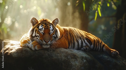 A tiger basking in the sun on a rock, its eyes half-closed in relaxation, surrounded by nature photo