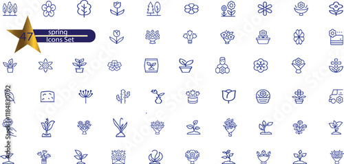 Flower line icon set. Rose, tulip in vase, fruit bouquet, spring blossom, cactus minimal vector