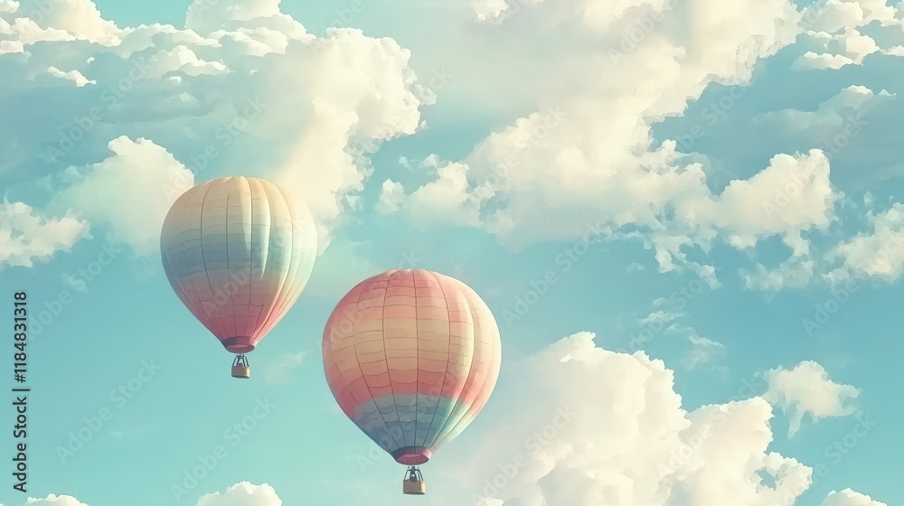 Fototapeta premium Pastel hot air balloons drift across a dreamy sky